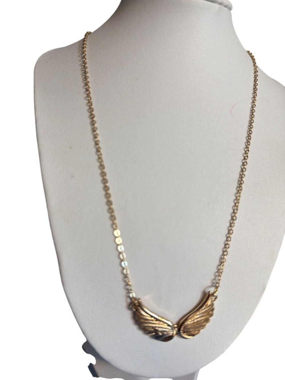 Gold Tone Angel Wings Pendant Necklace Textured Dainty 15" + 3" extender